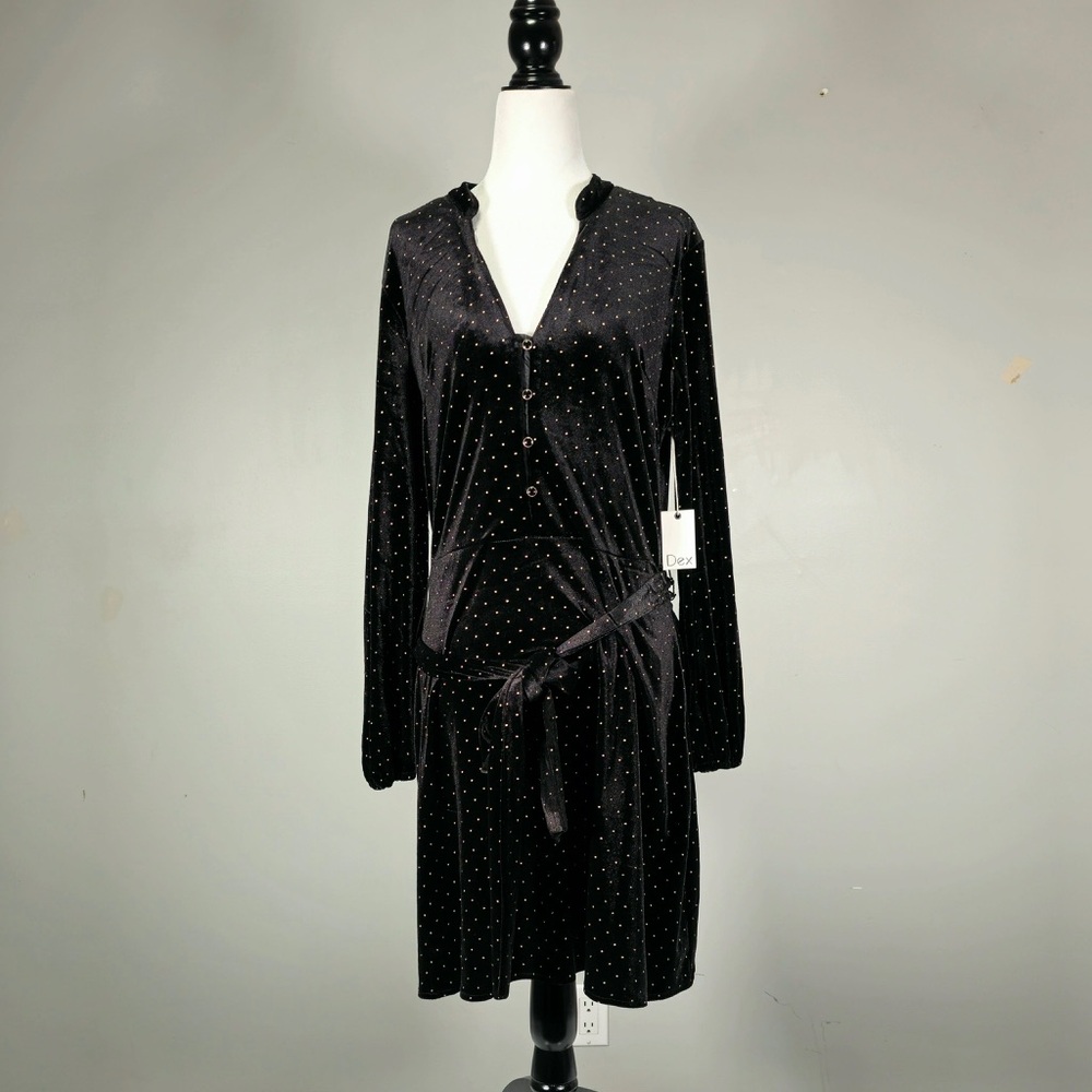 NWT DEX Black Velvet Polka Dot Tie-Waist Dress- m